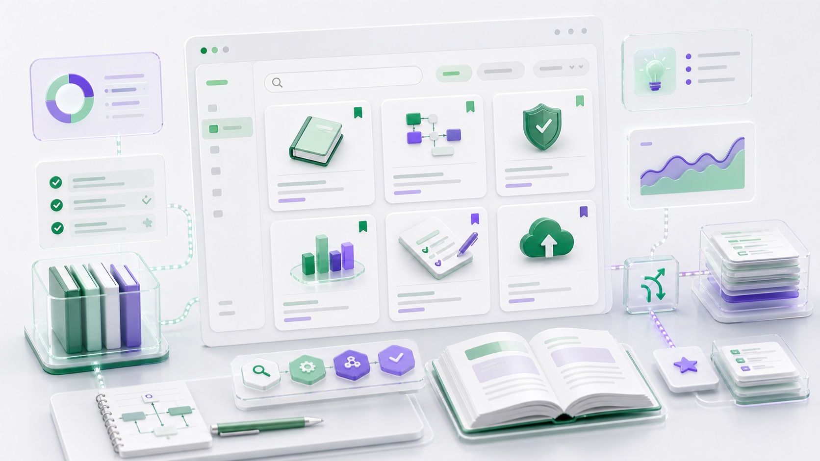 Abstract knowledge library dashboard showing practical technology guides, decision cards, workflow notes, and insight panels.
