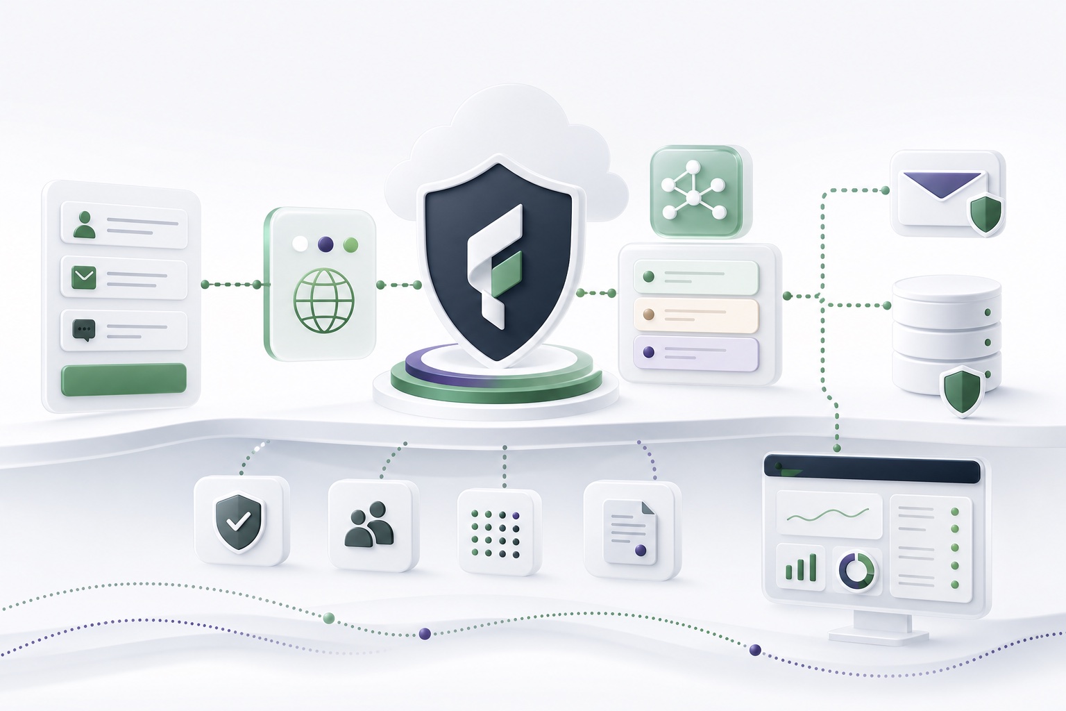 Abstract secure data flow with protected enquiry cards, cloud routing, storage, email delivery, and monitoring panels.