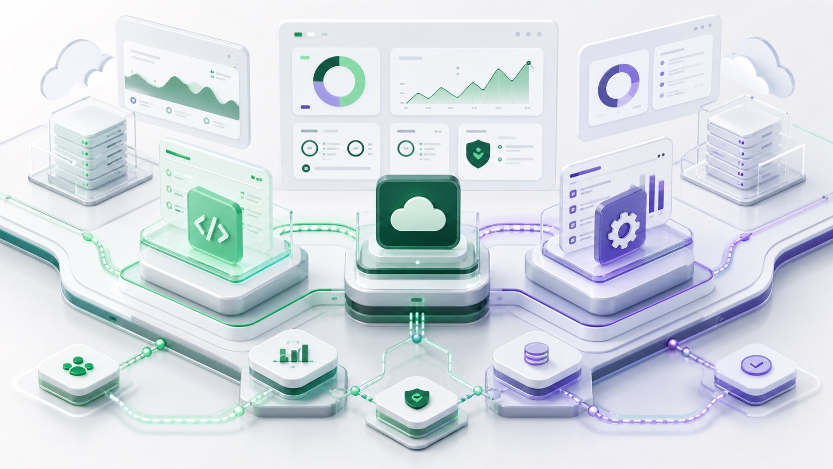 Abstract enterprise technology model showing software, cloud operations, managed services, and reporting connected across one delivery platform.