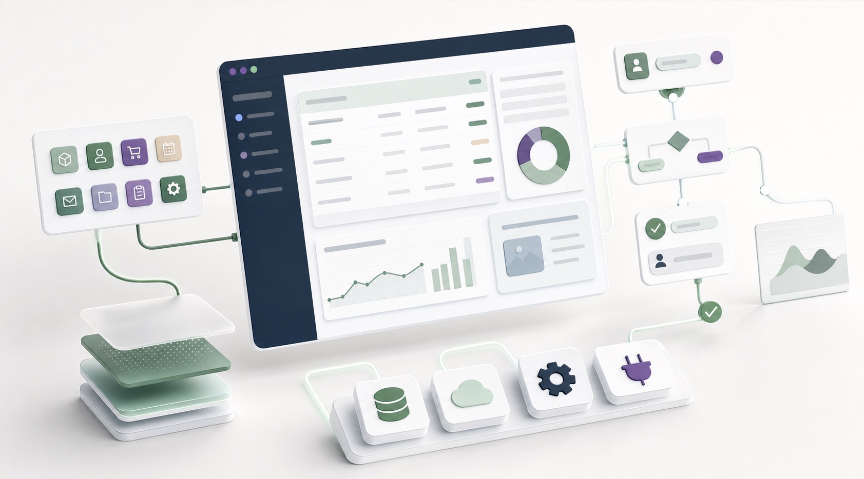 Abstract bespoke software system with application panels, workflow automation, integrations, and reporting modules.